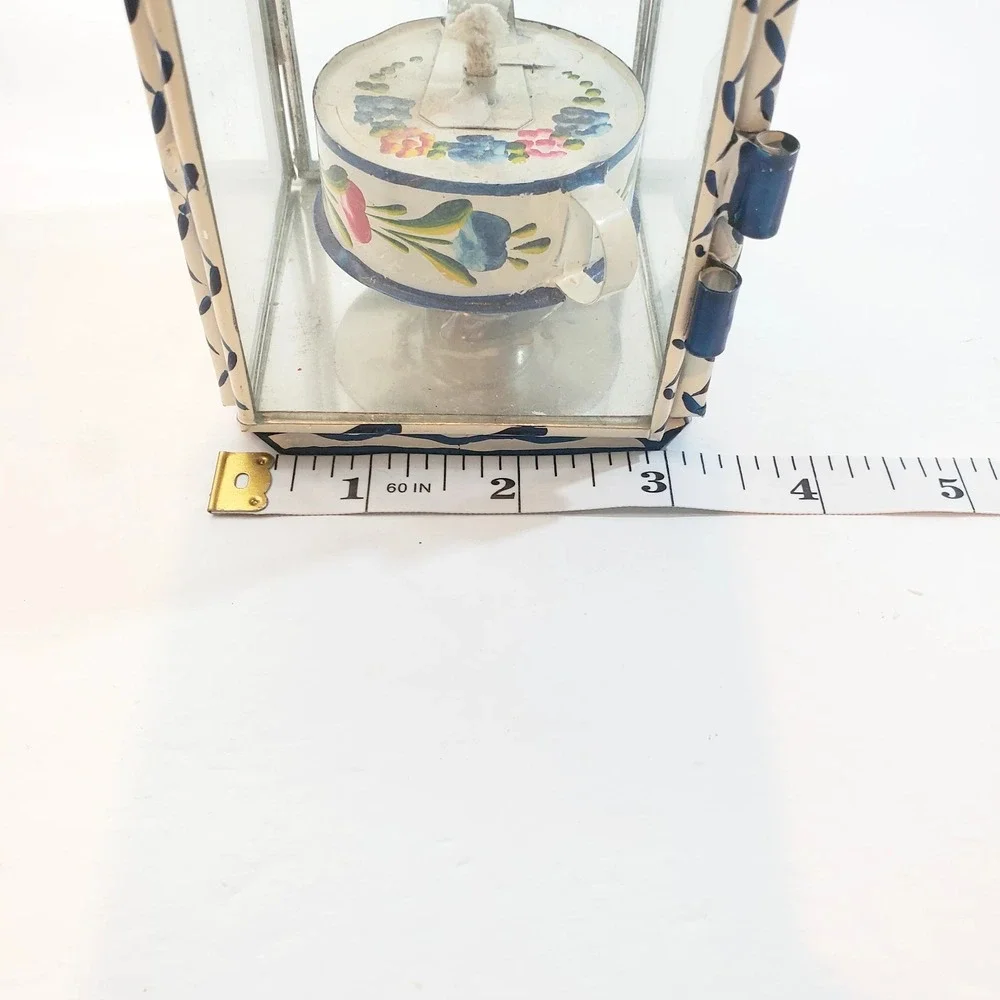 Vintage Primitive Folk Art Tin & Glass Hand Painted Floral Oil Lantern Portugal